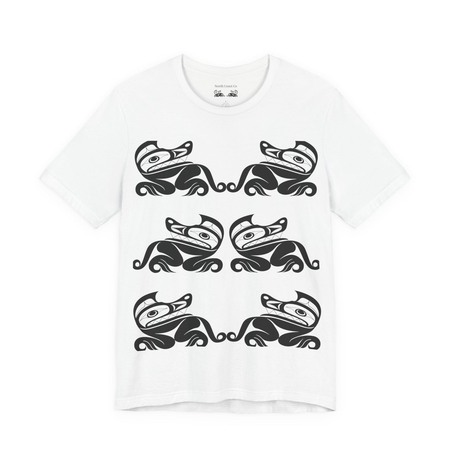 Unisex T-Shirt with black and white “Twin Wolves” design by Joshua Watts