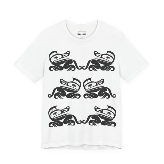 Unisex T-Shirt with black and white “Twin Wolves” design by Joshua Watts