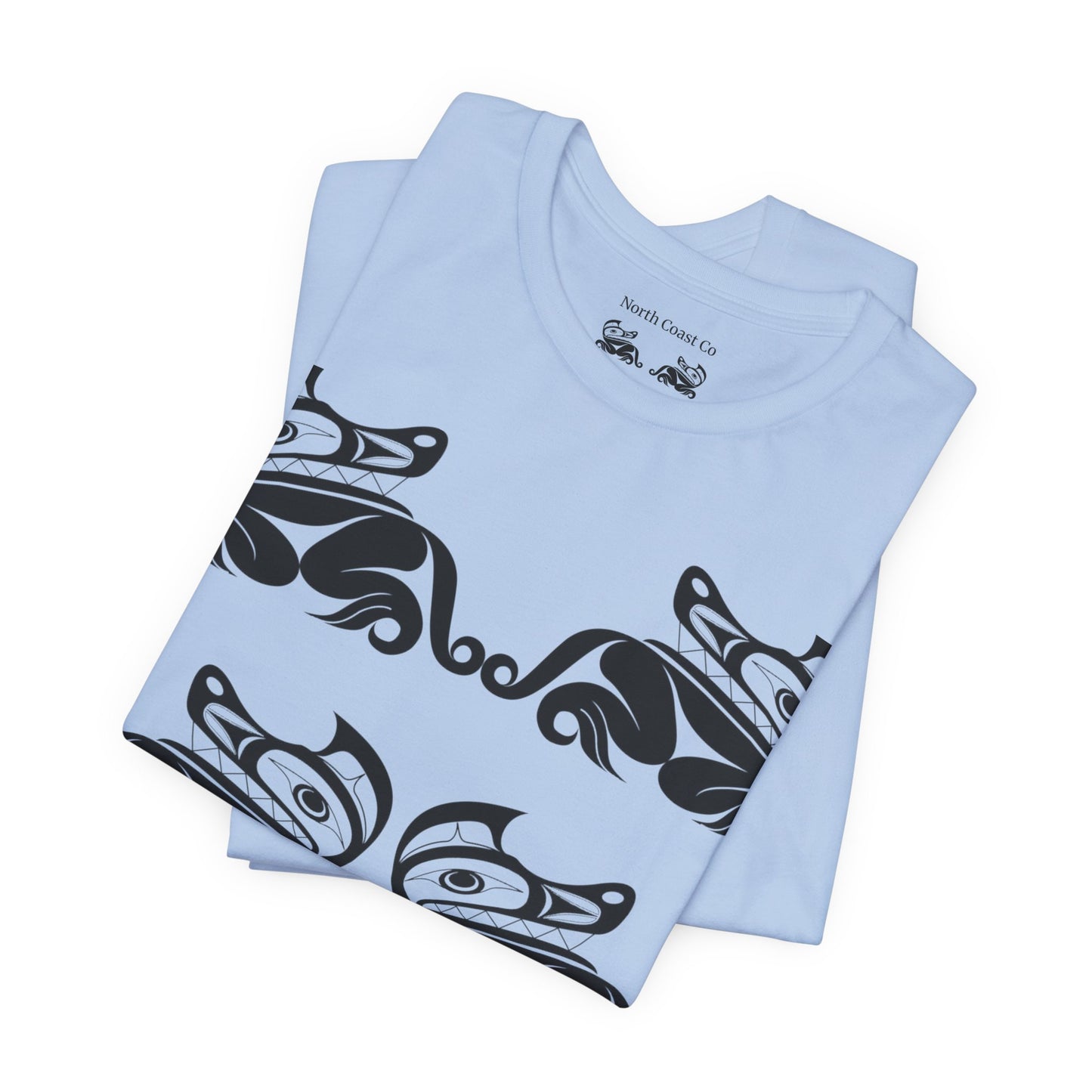Unisex T-Shirt with black and white “Twin Wolves” design by Joshua Watts