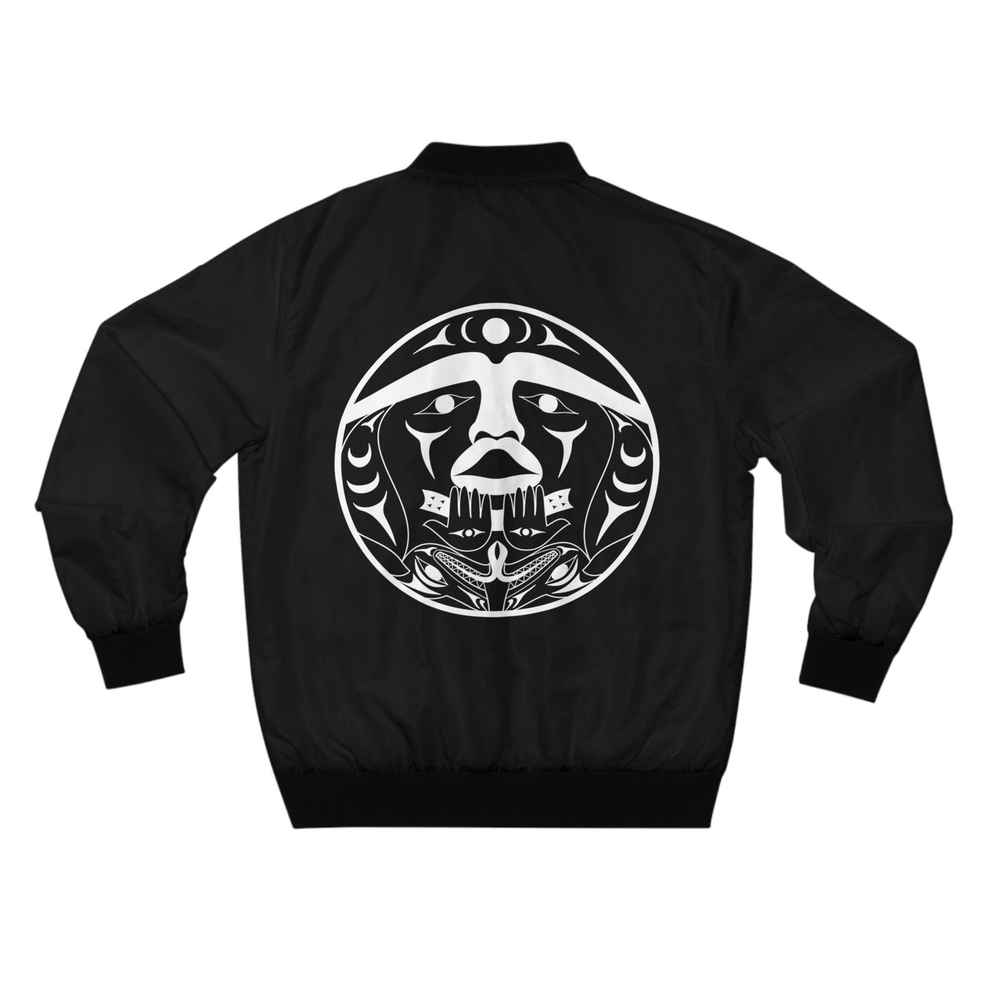 Black Unisex Bomber Jacket with White “Xwechtaal” designed by Joshua Watts