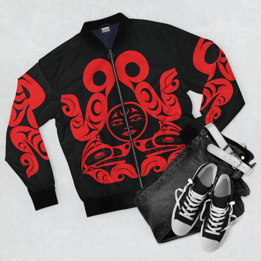 Unisex Bomber Jacket with Red “Tsuu-Baa-Asaxt Wolves” design by Joshua Watts