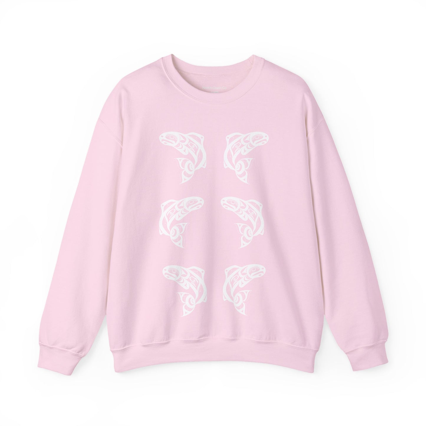 Unisex Crewneck Pullover sweatshirt with White “Salmon Run” design by Joshua Watts