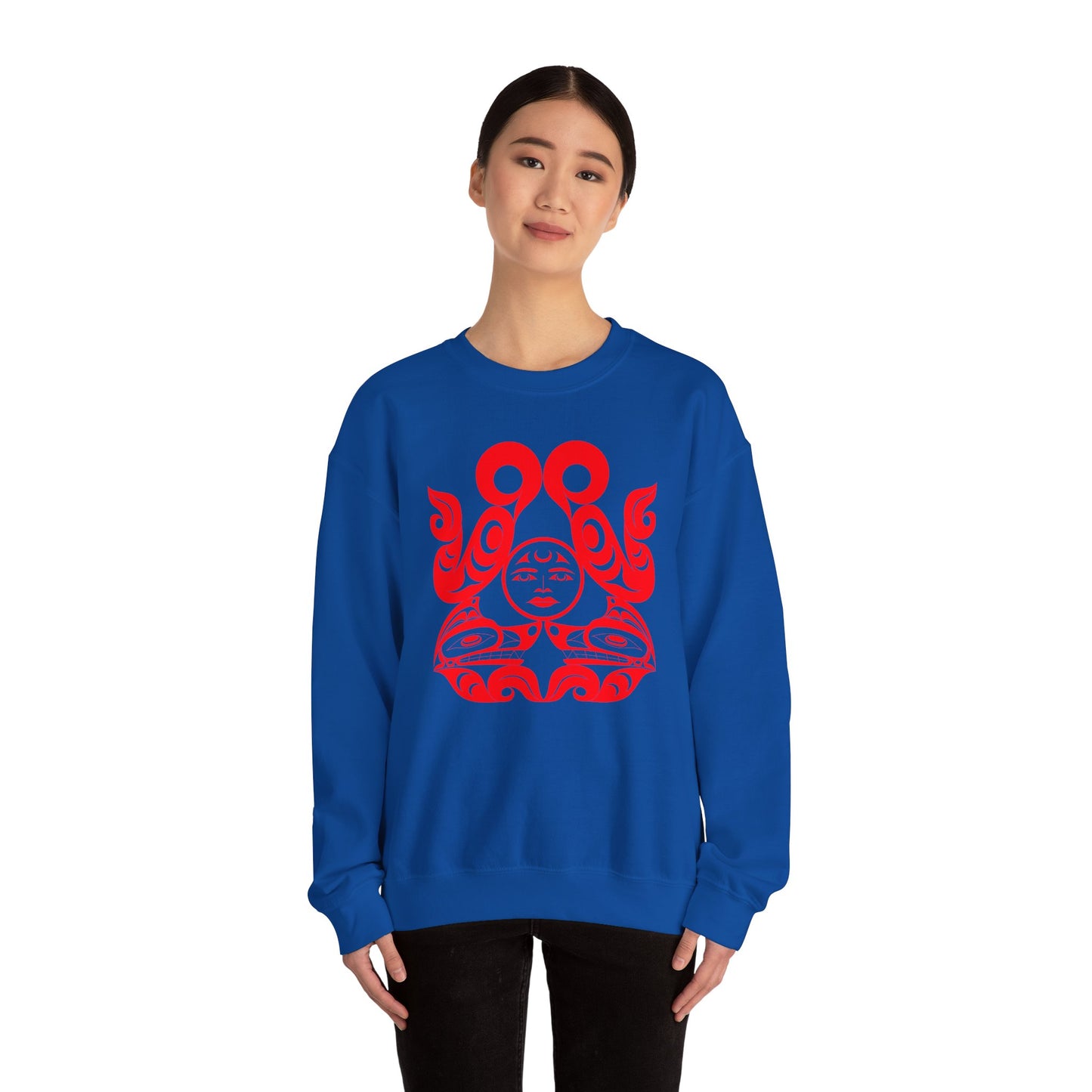 Unisex Crewneck Pullover sweatshirt with Red “Tsuu-Baa-Asaxt Wolves” design by Joshua Watts