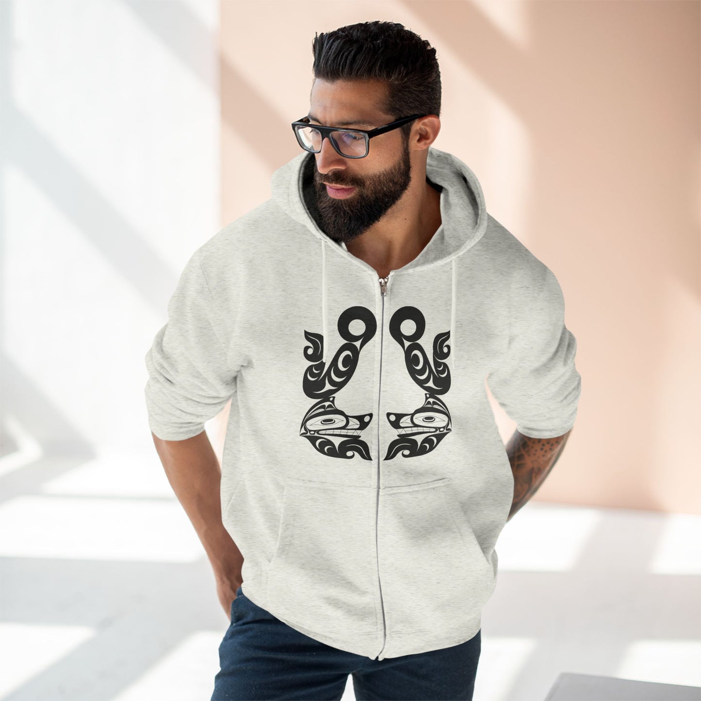 Unisex Zip Hoodie with “Tsuu-Baa-Asaxt Wolves” design by Joshua Watts