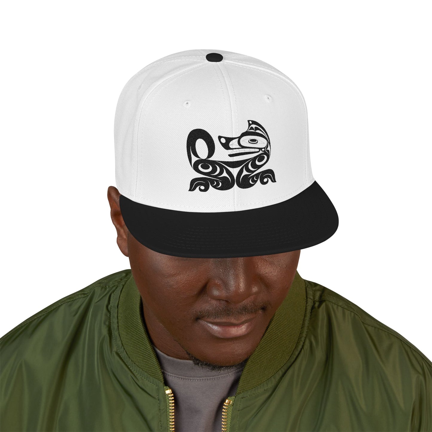 Embroidered Snapback Cap with Black Wolf design by Joshua Watts
