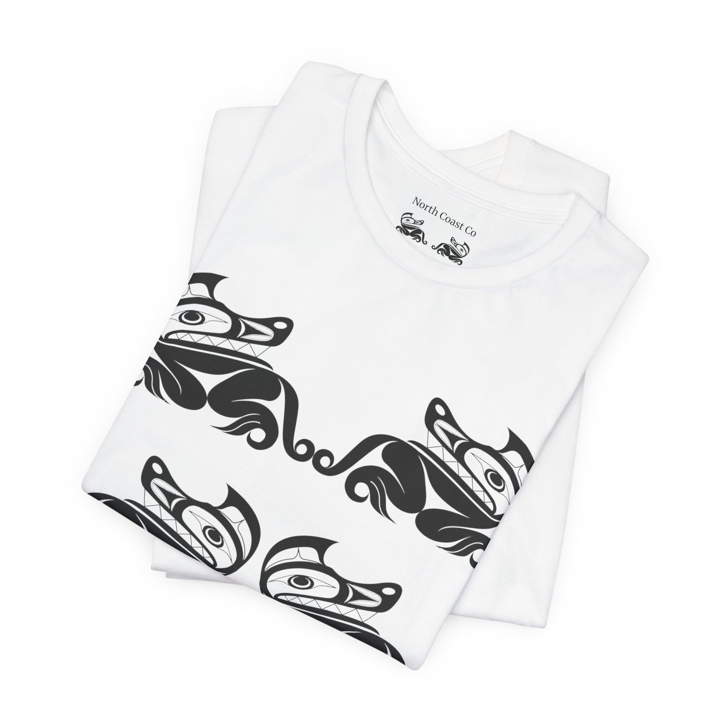 Unisex T-Shirt with black and white “Twin Wolves” design by Joshua Watts