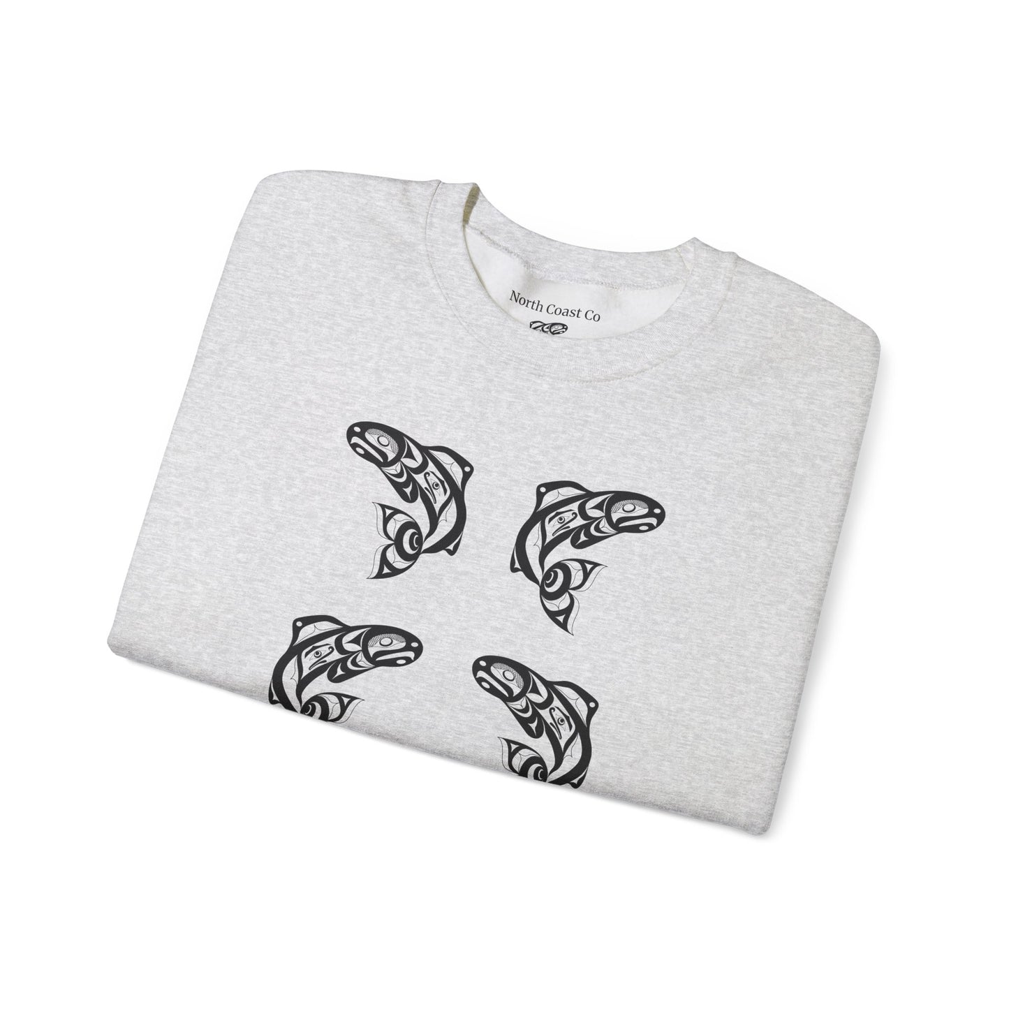 Unisex Crewneck Pullover sweatshirt with Black “Salmon Run” design by Joshua Watts