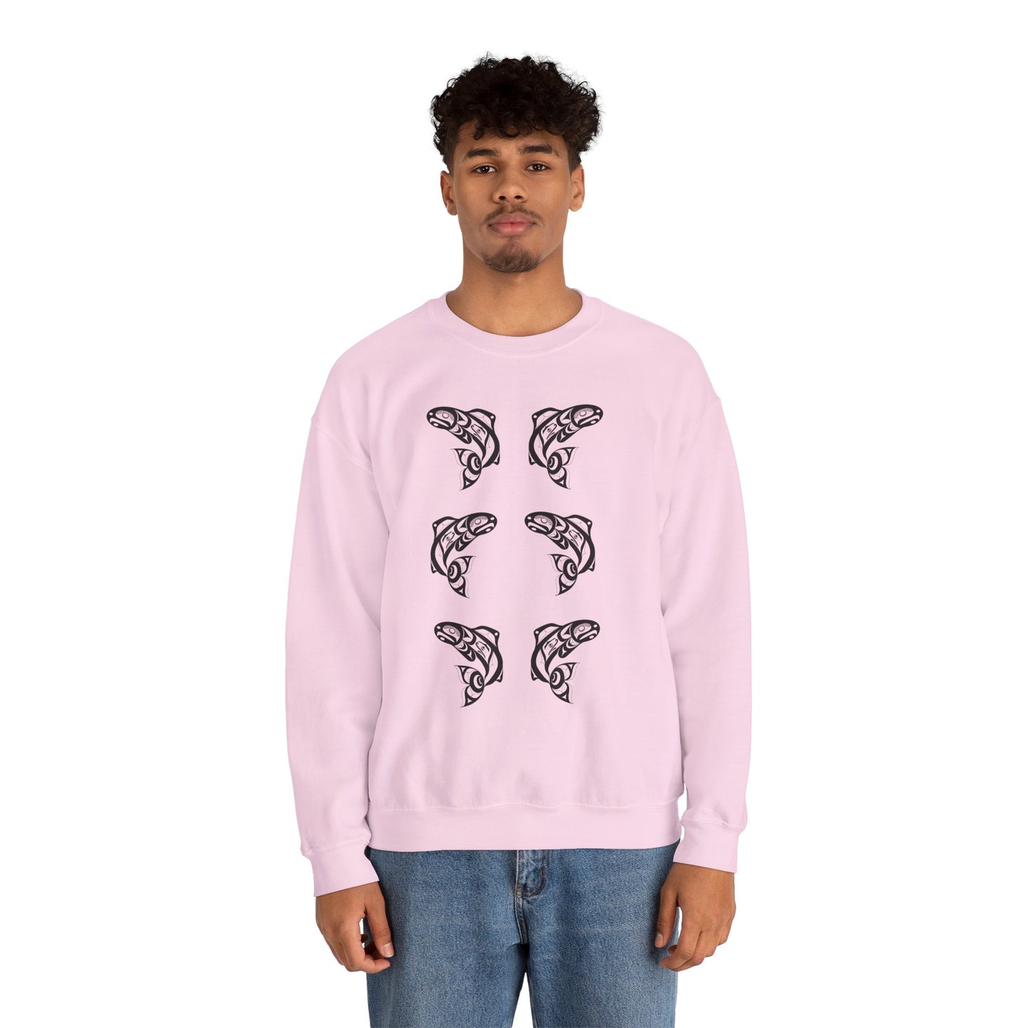 Unisex Crewneck Pullover sweatshirt with Black “Salmon Run” design by Joshua Watts