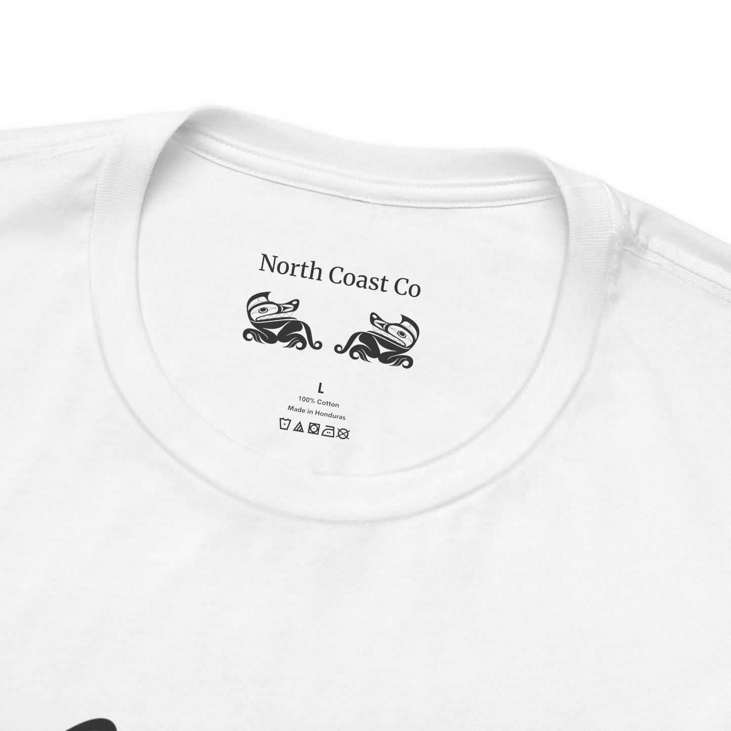 Unisex T-Shirt with black and white “Twin Wolves” design by Joshua Watts