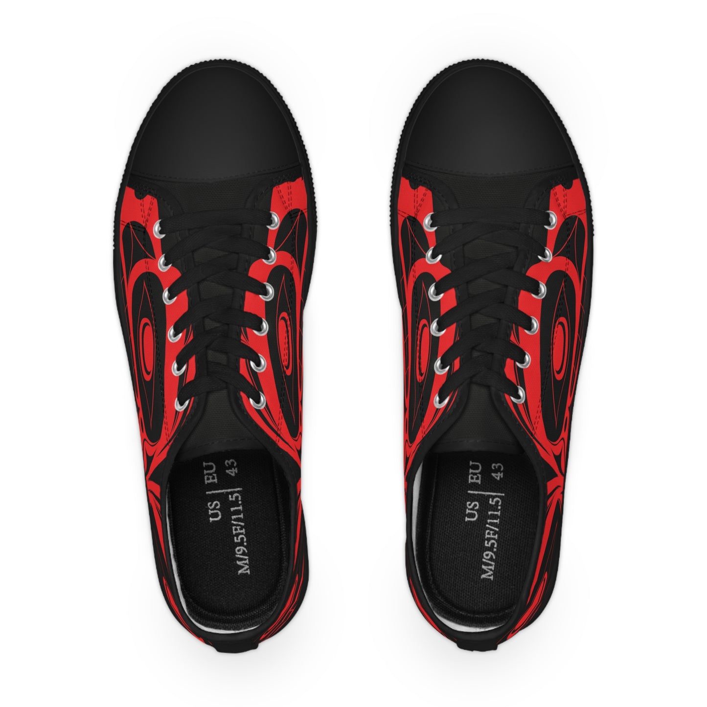 Men's All Black Low Top shoes with Red Wolf design by Joshua Watts