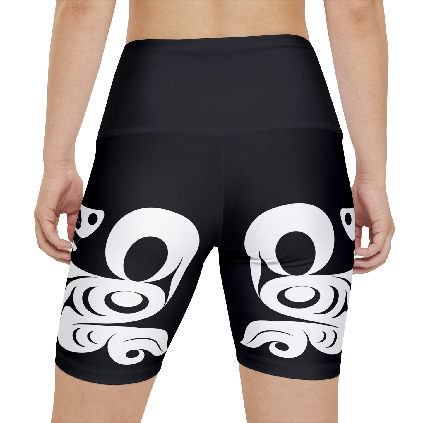 Black Biker Shorts with White Wolf design by Joshua Watts