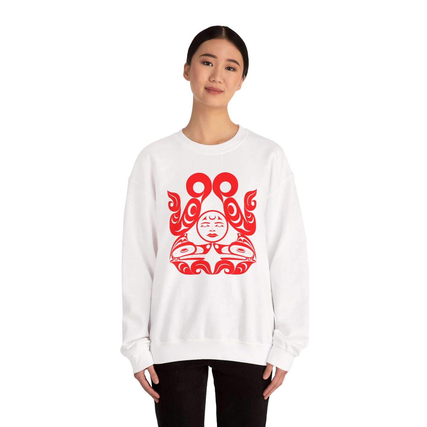 Unisex Crewneck Pullover sweatshirt with Red “Tsuu-Baa-Asaxt Wolves” design by Joshua Watts