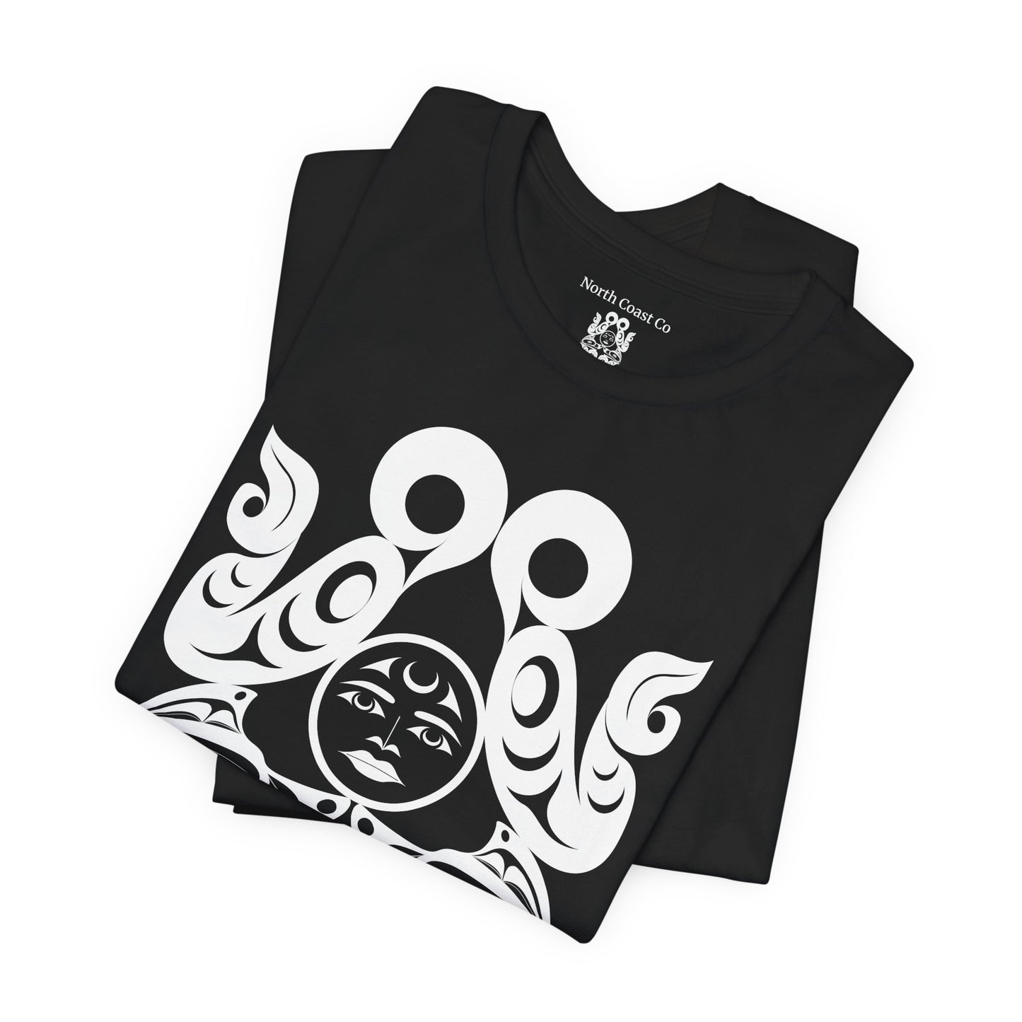 Unisex T-Shirt with black and white “Tsuu-Baa-Asaxt wolves” design by Joshua Watts