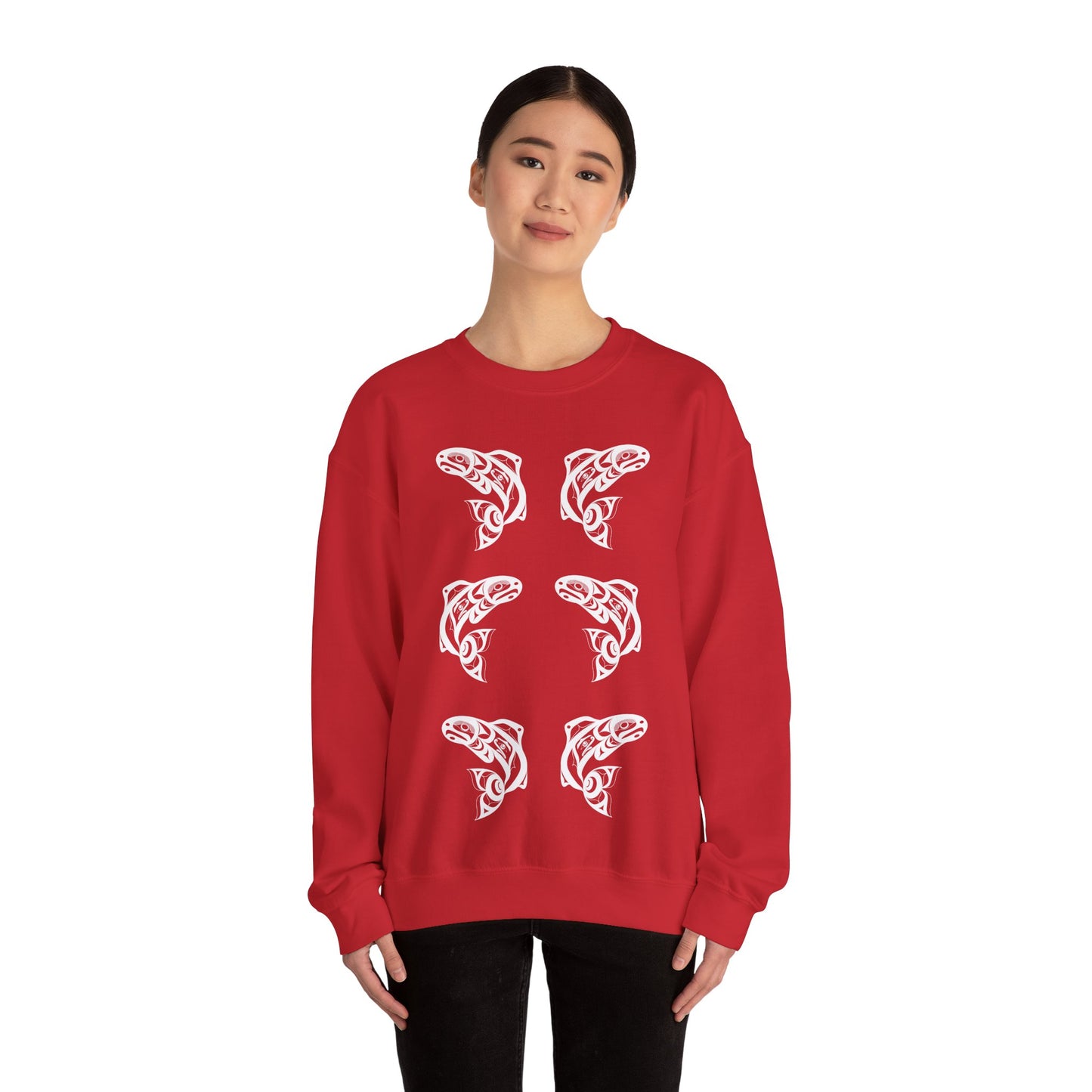 Unisex Crewneck Pullover sweatshirt with White “Salmon Run” design by Joshua Watts