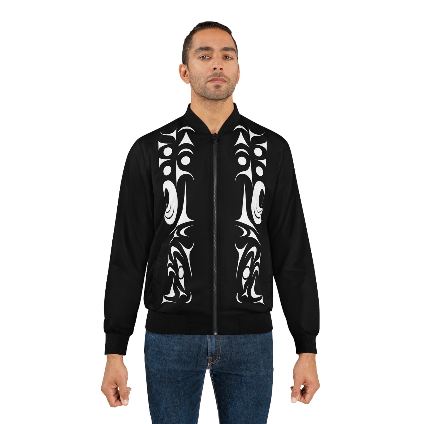 Unisex Bomber Jacket with White “Twin Thunderbird” design by Joshua Watts