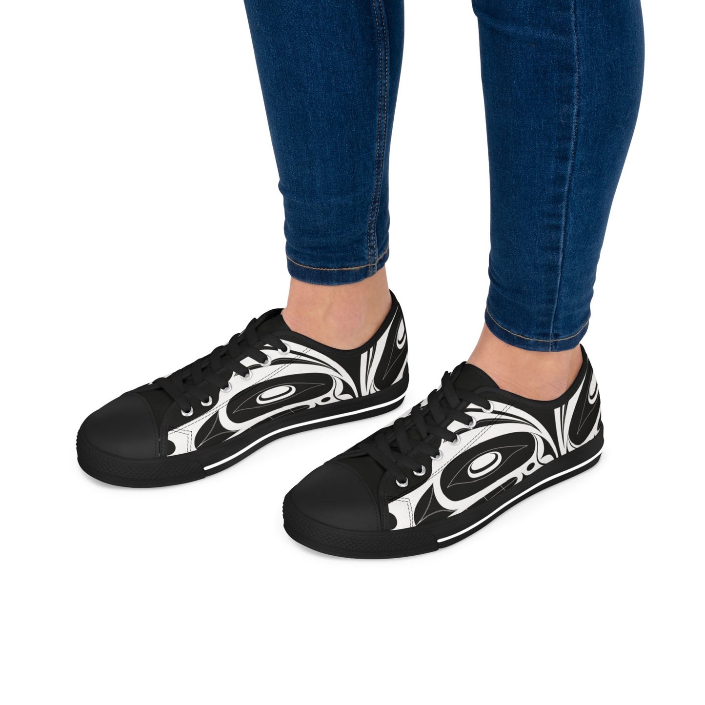 Women's All Black Low Top shoes with White Wolf design by Joshua Watts