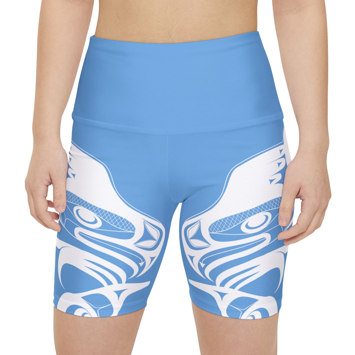 Sky Blue Biker Shorts with “Whale Hunt” design by Joshua Watts