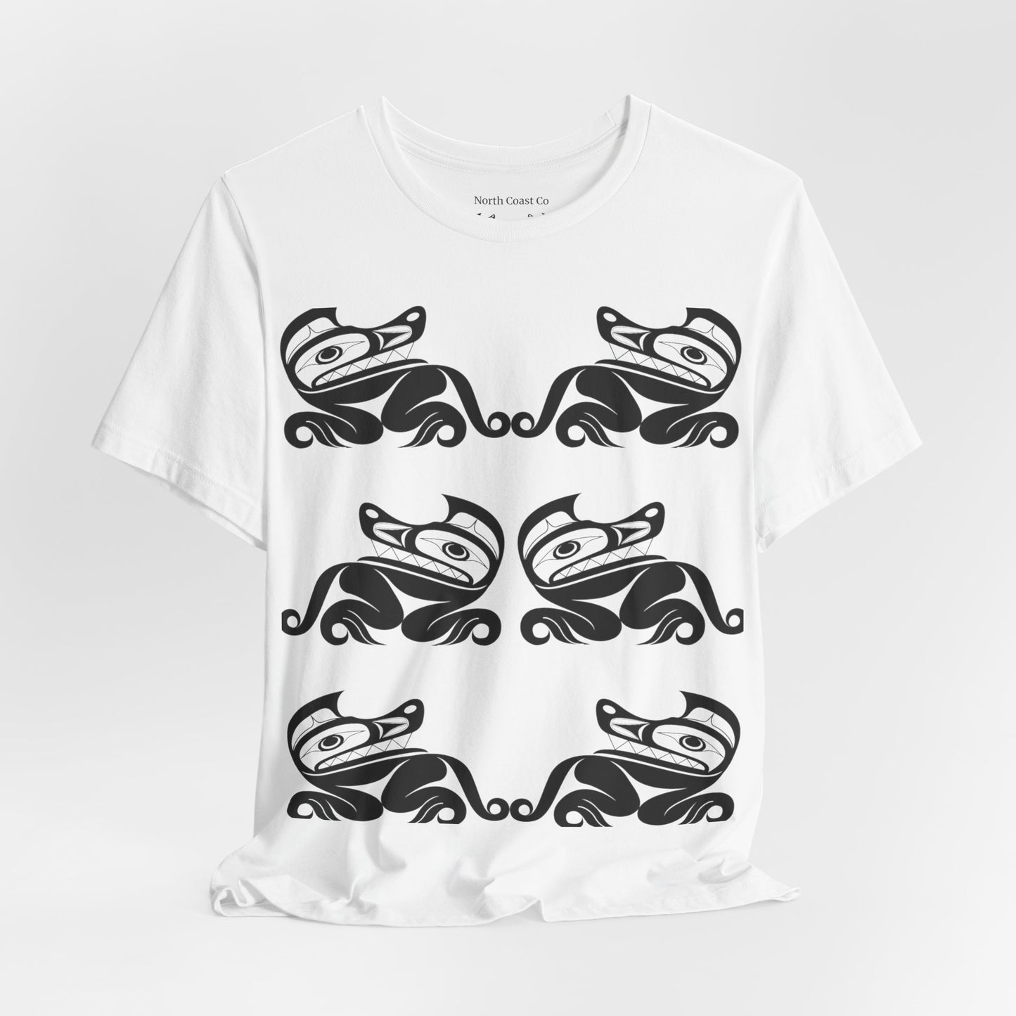 Unisex T-Shirt with black and white “Twin Wolves” design by Joshua Watts