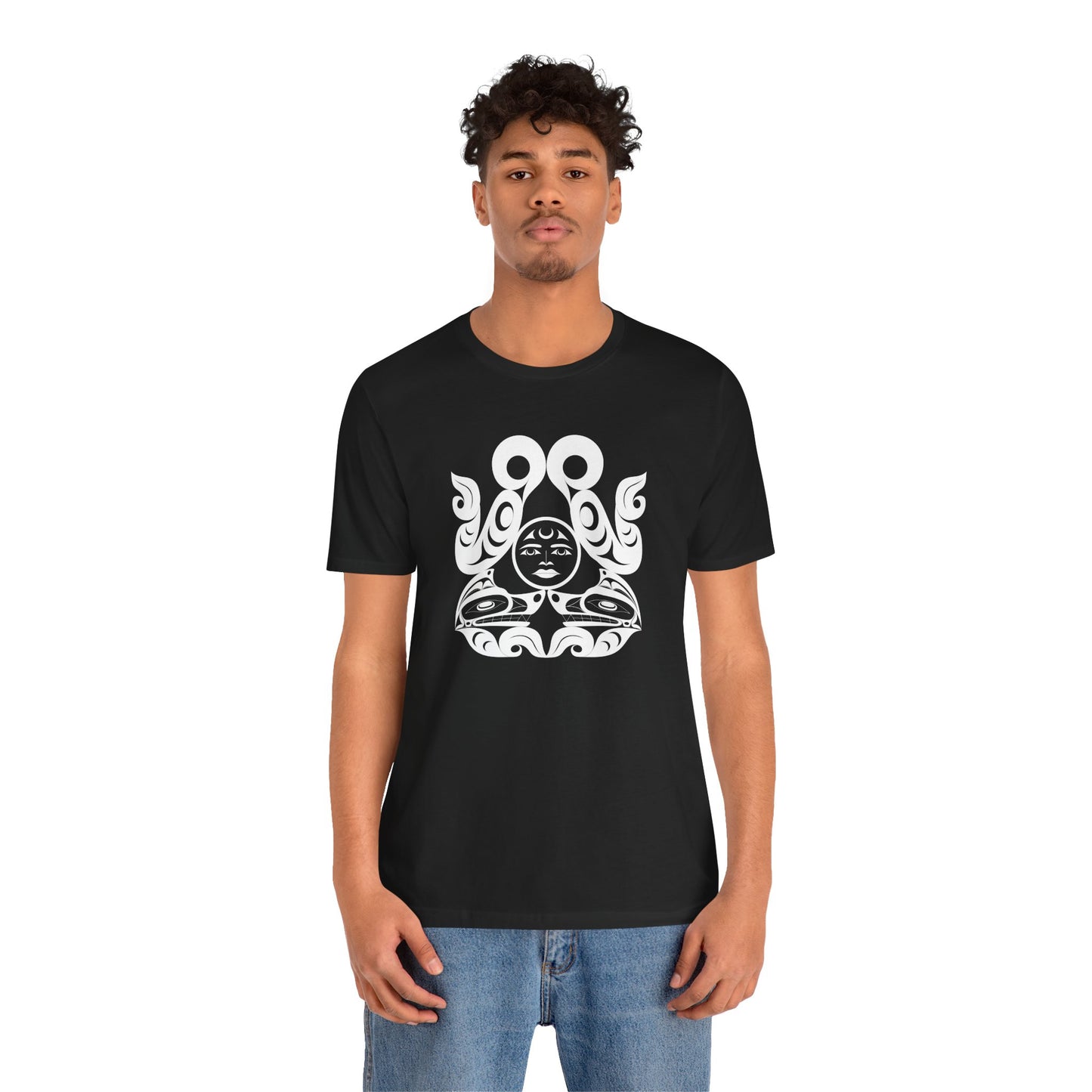Unisex T-Shirt with black and white “Tsuu-Baa-Asaxt wolves” design by Joshua Watts
