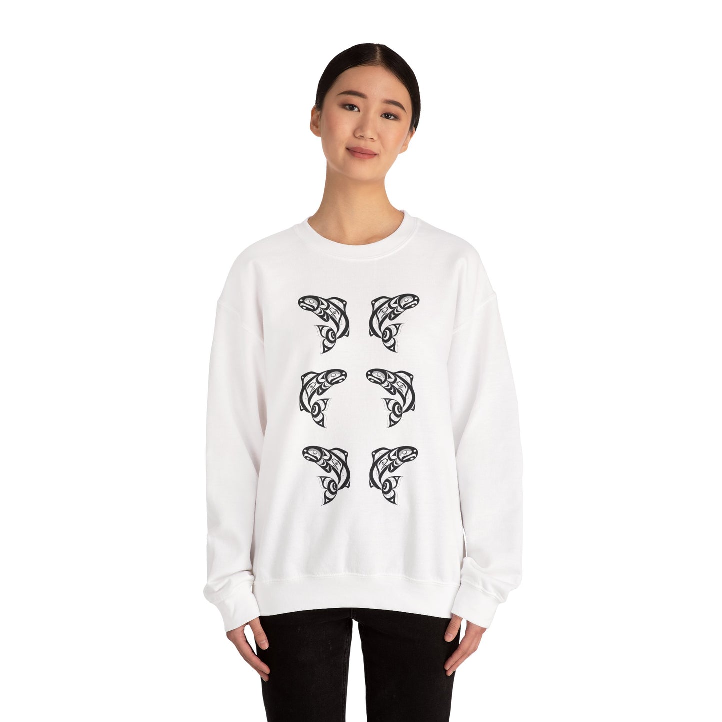 Unisex Crewneck Pullover sweatshirt with Black “Salmon Run” design by Joshua Watts