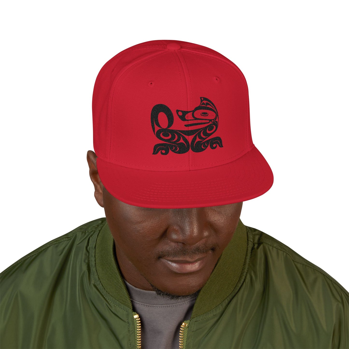 Embroidered Snapback Cap with Black Wolf design by Joshua Watts