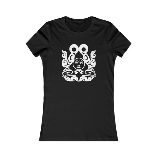 Women’s fit T-Shirt with black and white “Tsuu-Baa-Asaxt Wolves” design by Joshua Watts