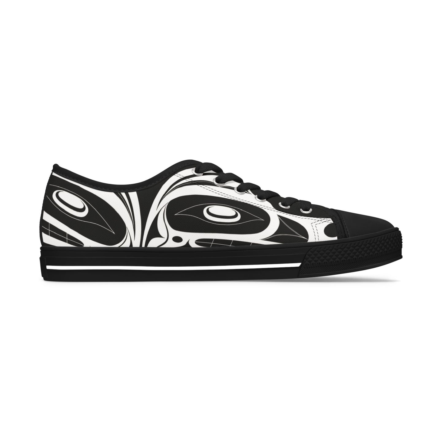 Women's All Black Low Top shoes with White Wolf design by Joshua Watts