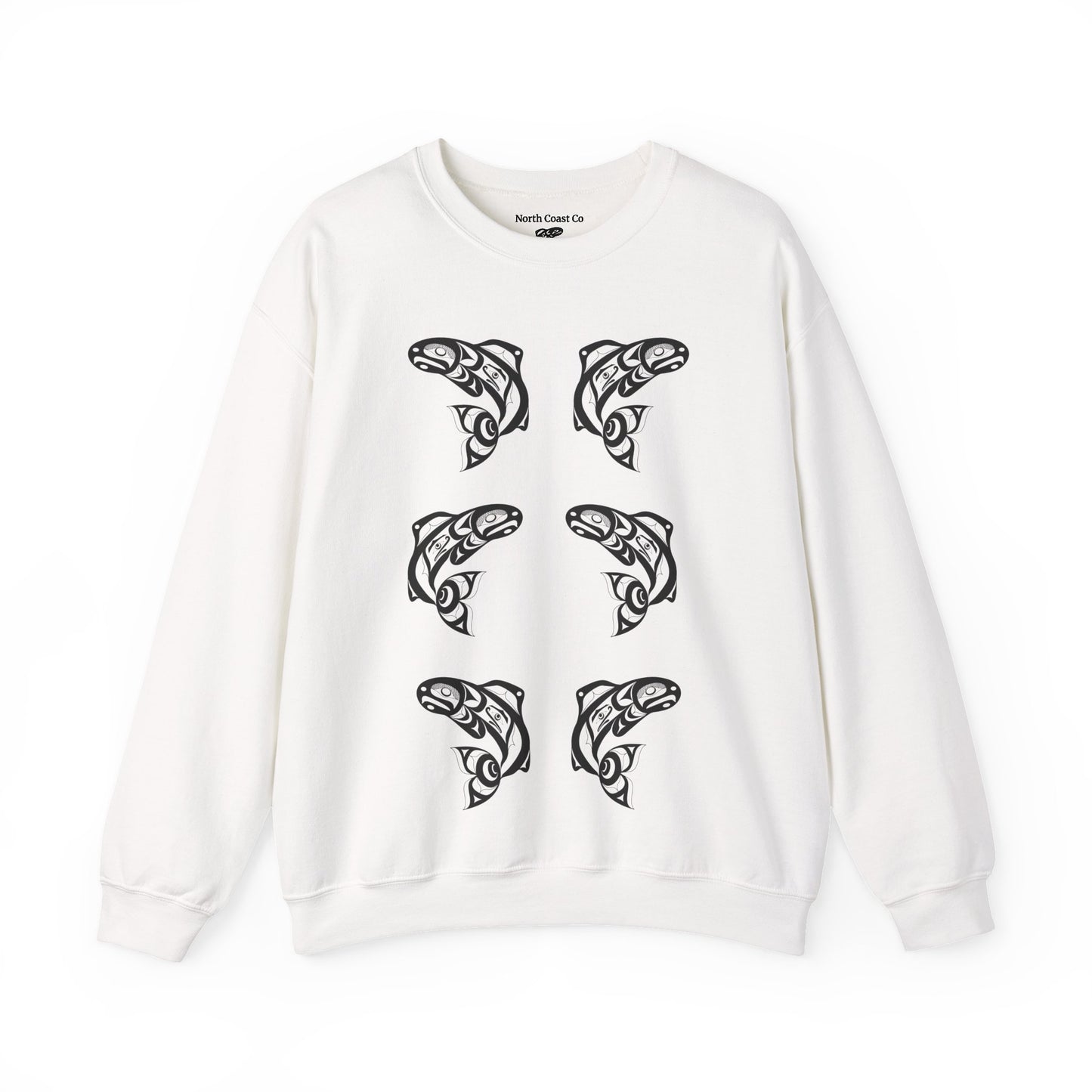 Unisex Crewneck Pullover sweatshirt with Black “Salmon Run” design by Joshua Watts