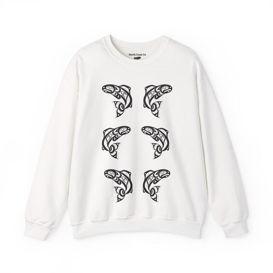 Unisex Crewneck Pullover sweatshirt with Black “Salmon Run” design by Joshua Watts