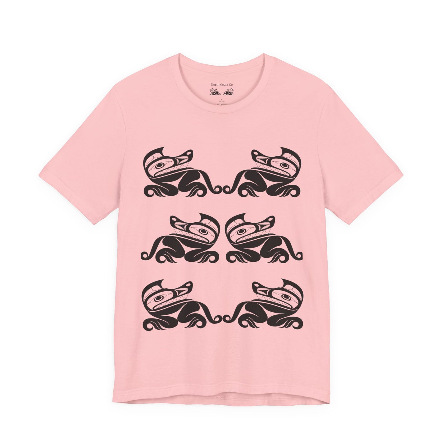 Unisex T-Shirt with black and white “Twin Wolves” design by Joshua Watts