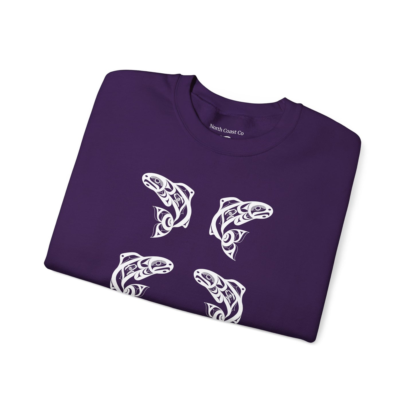 Unisex Crewneck Pullover sweatshirt with White “Salmon Run” design by Joshua Watts