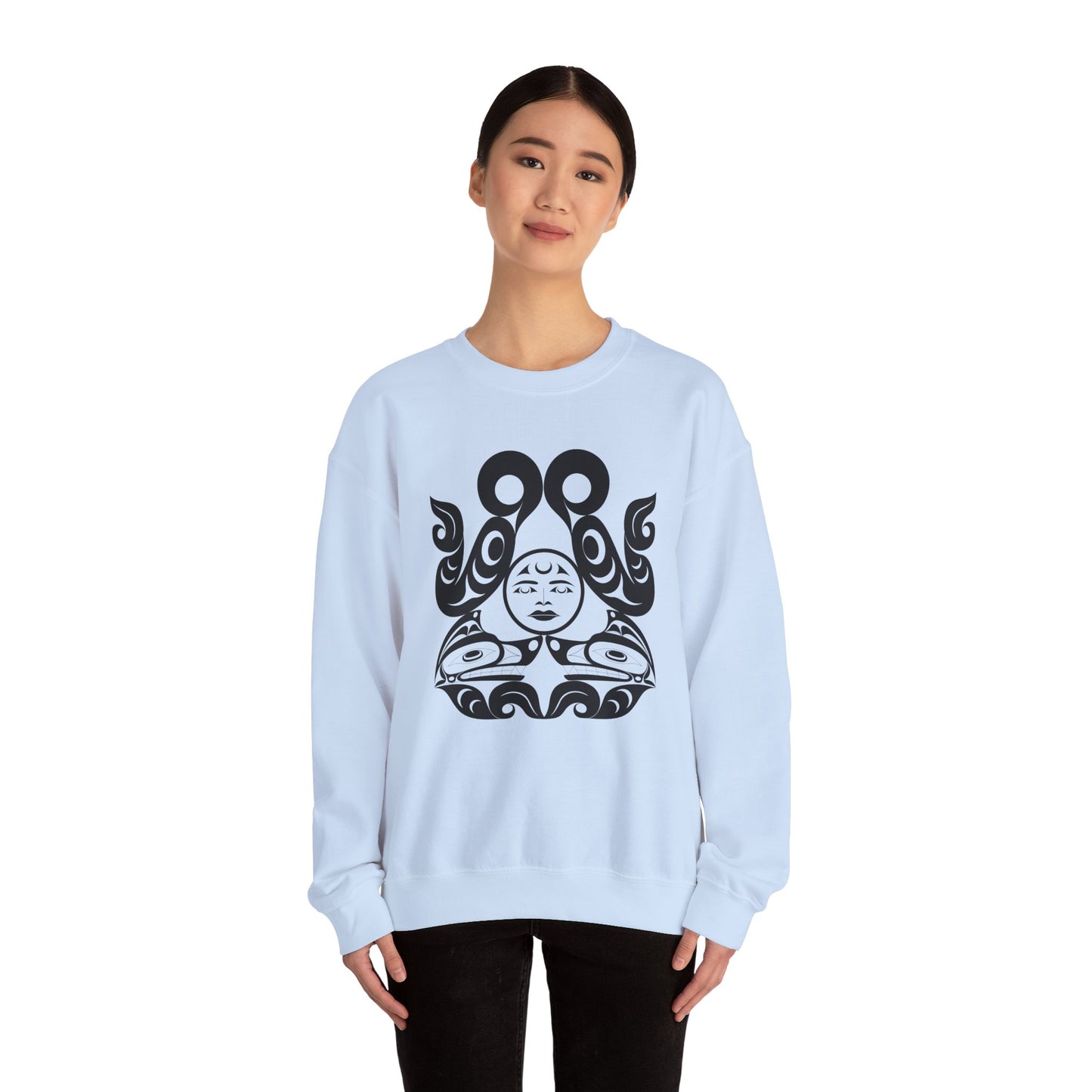 Unisex Crewneck Pullover sweatshirt with White “Tsuu-Baa-Asaxt Wolves” design by Joshua Watts