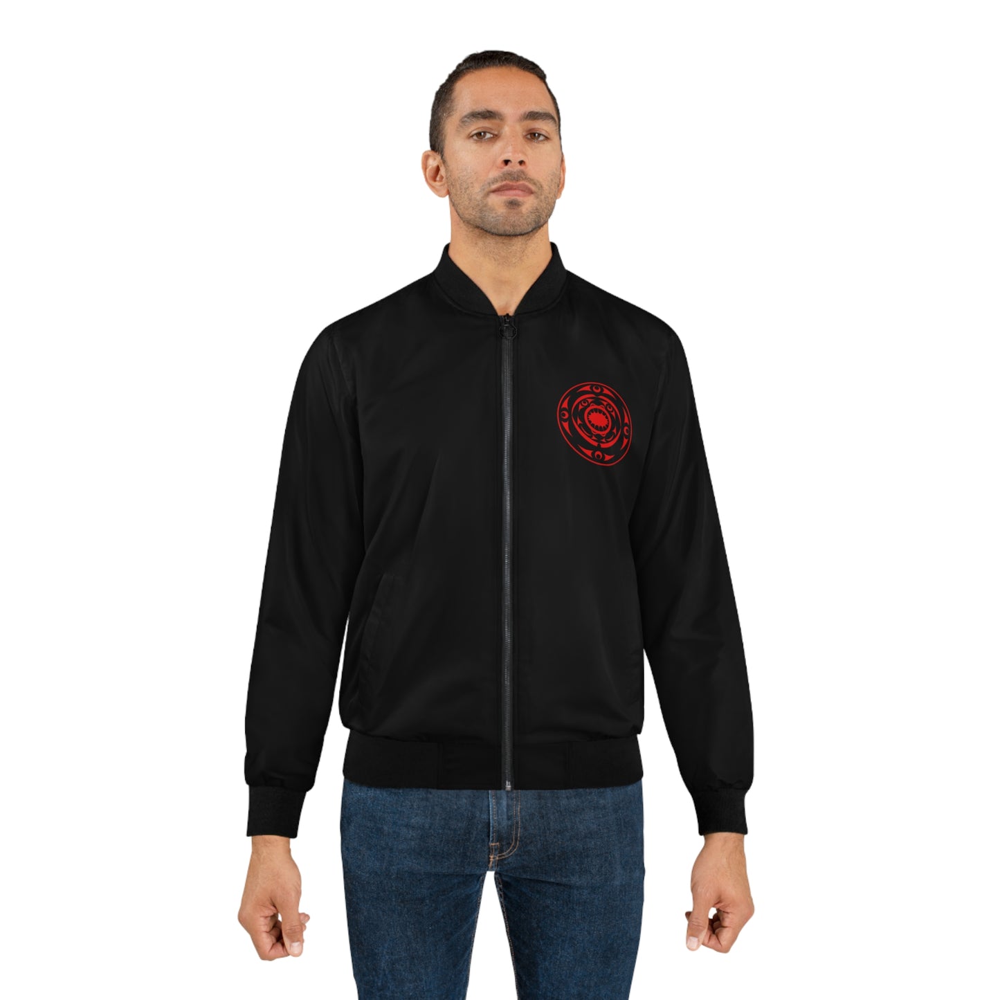Black Unisex Bomber Jacket with Red “Life and Death” designed by Joshua Watts