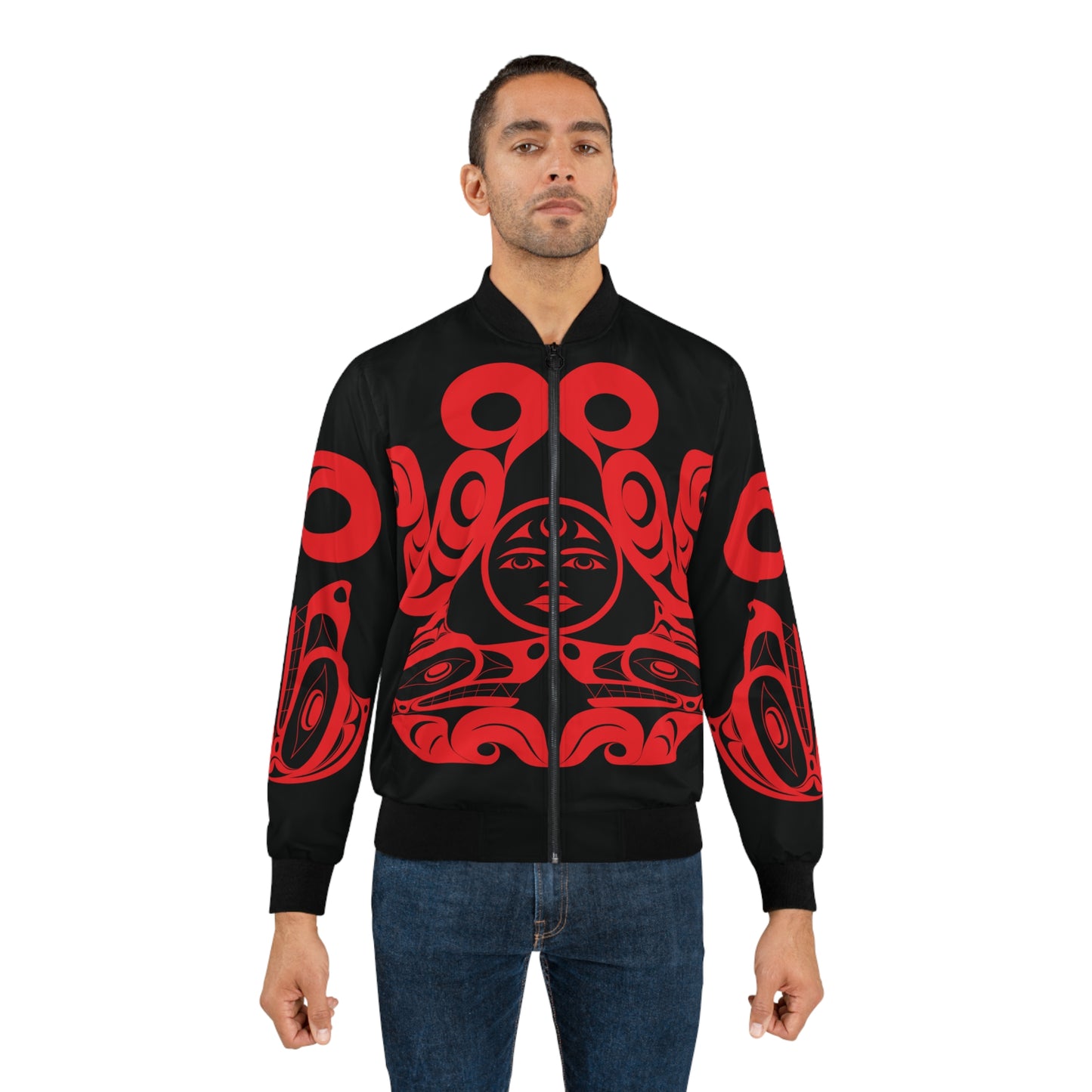 Unisex Bomber Jacket with Red “Tsuu-Baa-Asaxt Wolves” design by Joshua Watts