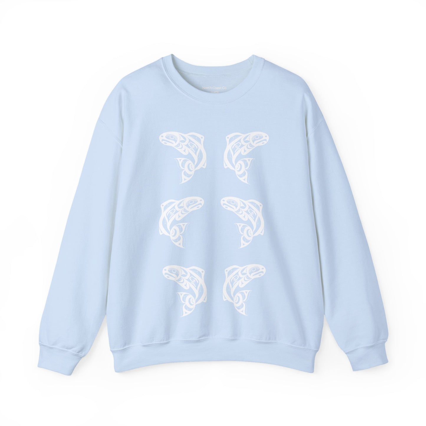 Unisex Crewneck Pullover sweatshirt with White “Salmon Run” design by Joshua Watts