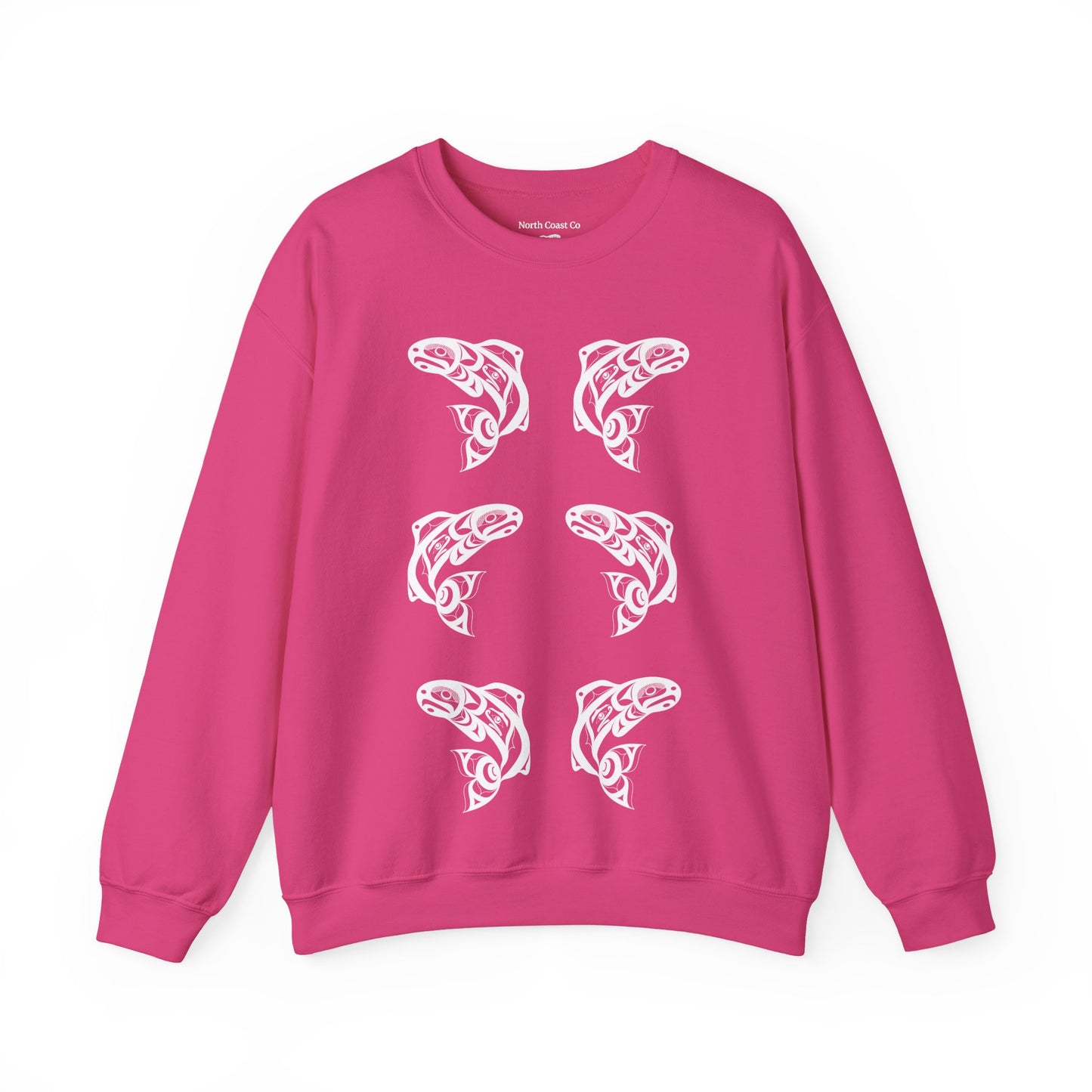 Unisex Crewneck Pullover sweatshirt with White “Salmon Run” design by Joshua Watts