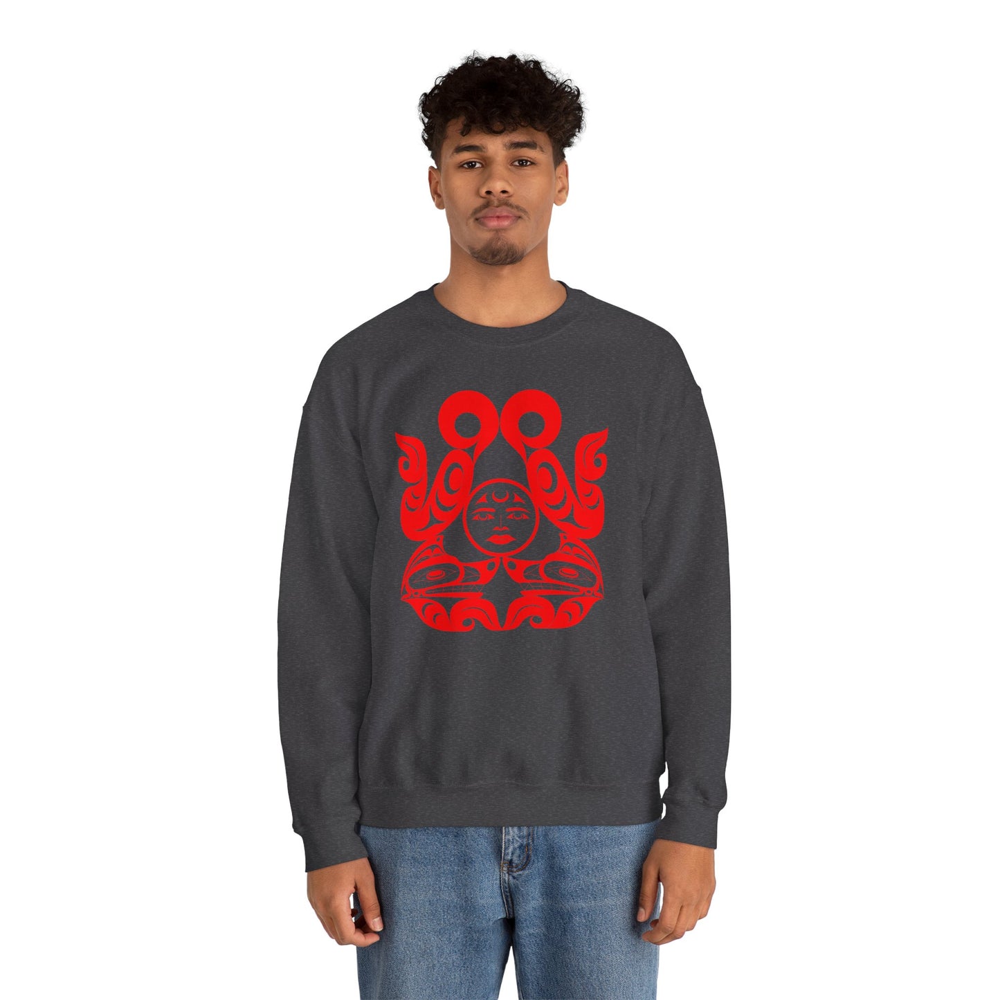 Unisex Crewneck Pullover sweatshirt with Red “Tsuu-Baa-Asaxt Wolves” design by Joshua Watts