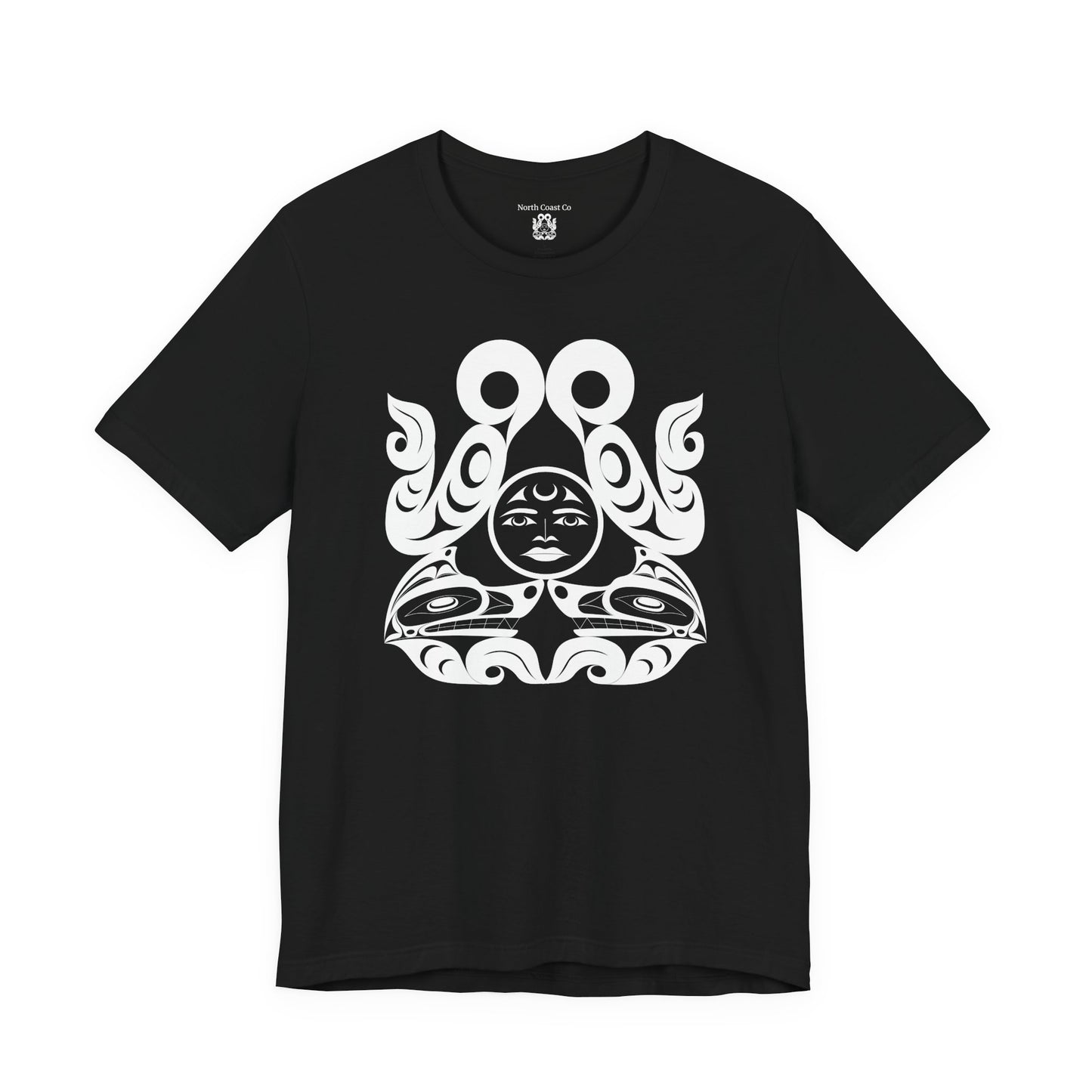 Unisex T-Shirt with black and white “Tsuu-Baa-Asaxt wolves” design by Joshua Watts