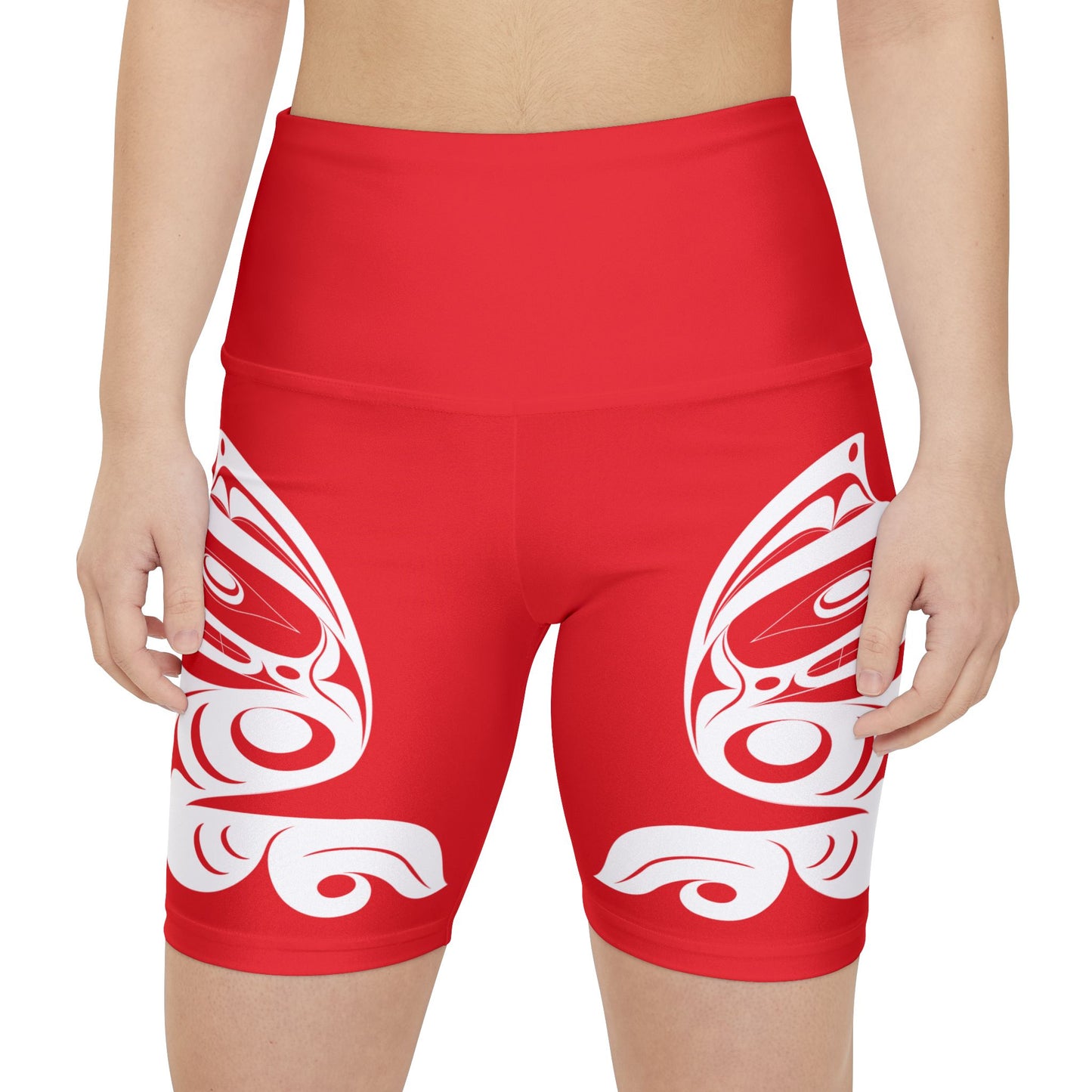 Red Biker Shorts with White Wolf design by Joshua Watts