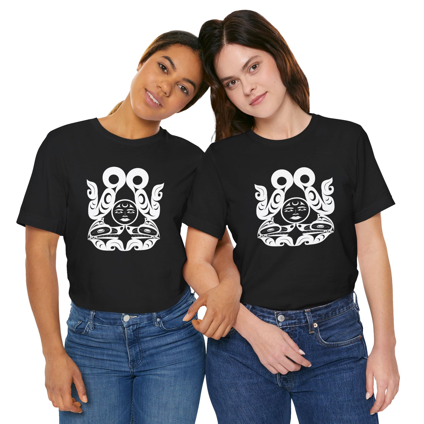 Unisex T-Shirt with black and white “Tsuu-Baa-Asaxt wolves” design by Joshua Watts