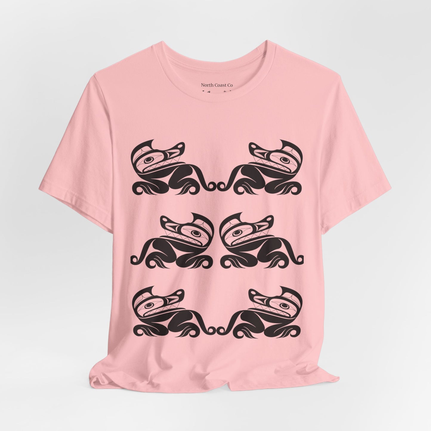 Unisex T-Shirt with black and white “Twin Wolves” design by Joshua Watts