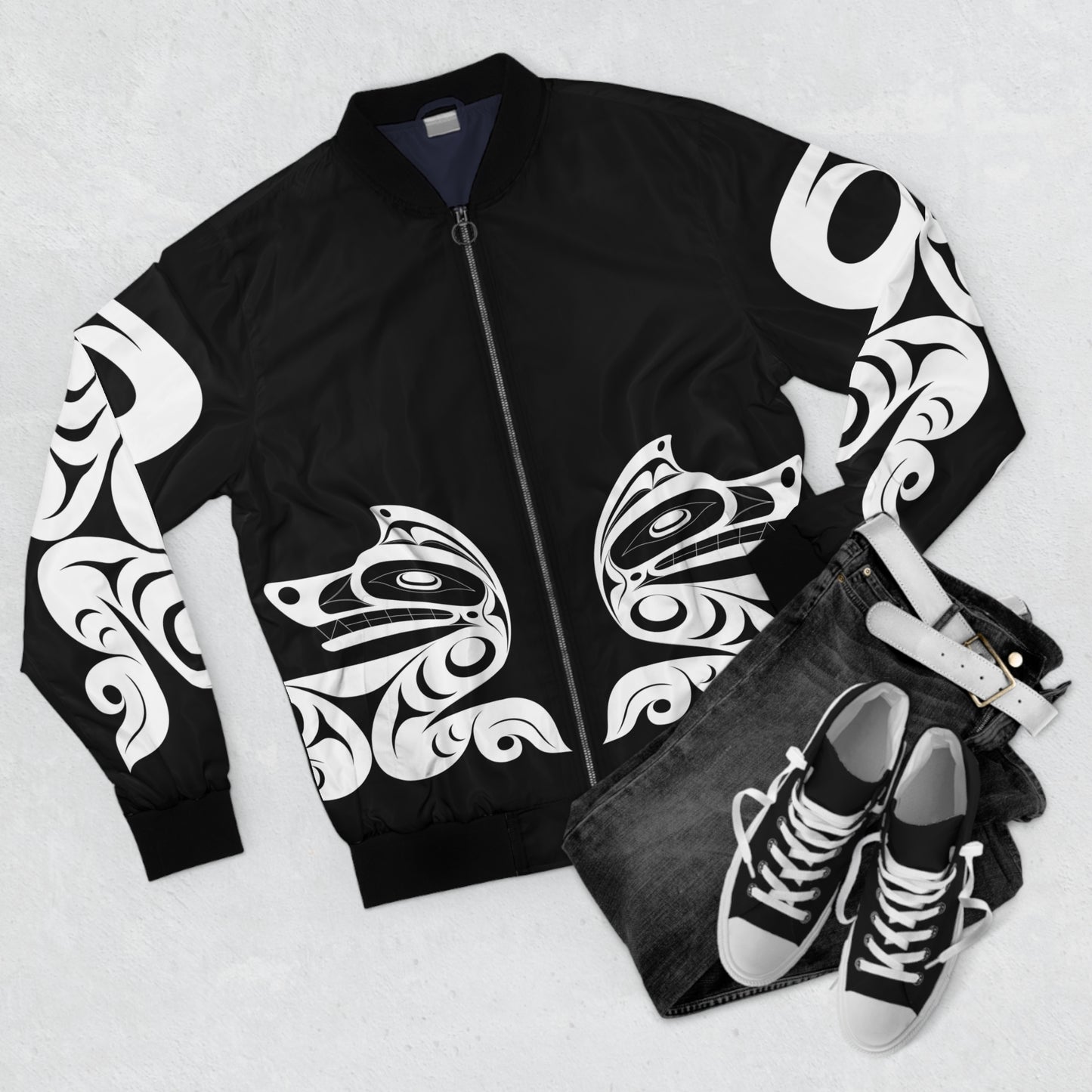 Unisex White Wolf Bomber Jacket designed by Joshua Watts