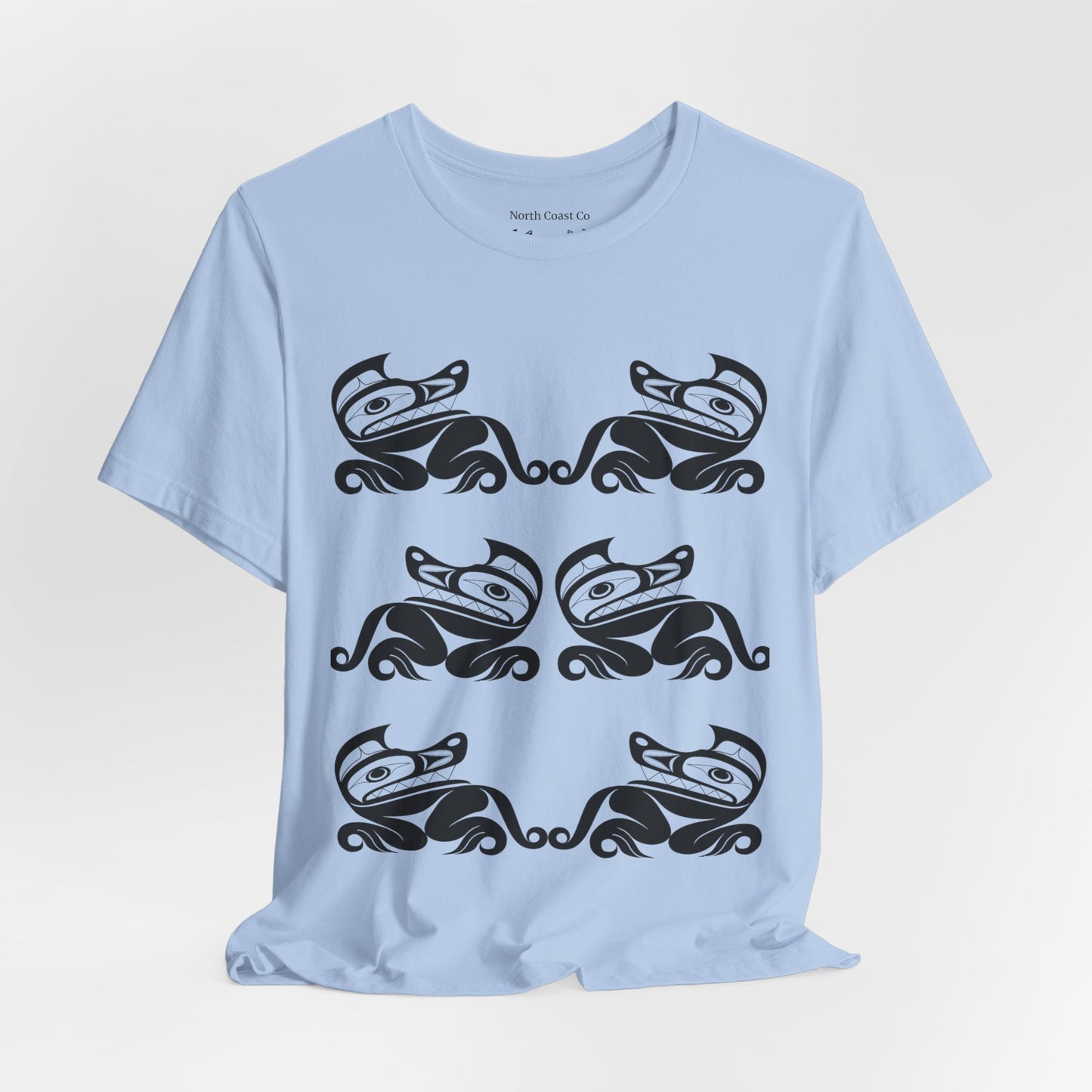 Unisex T-Shirt with black and white “Twin Wolves” design by Joshua Watts