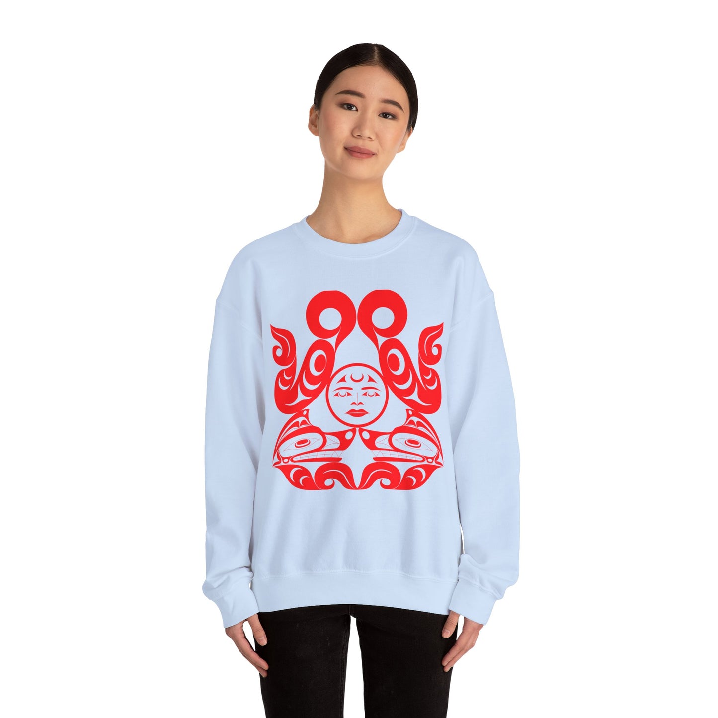 Unisex Crewneck Pullover sweatshirt with Red “Tsuu-Baa-Asaxt Wolves” design by Joshua Watts