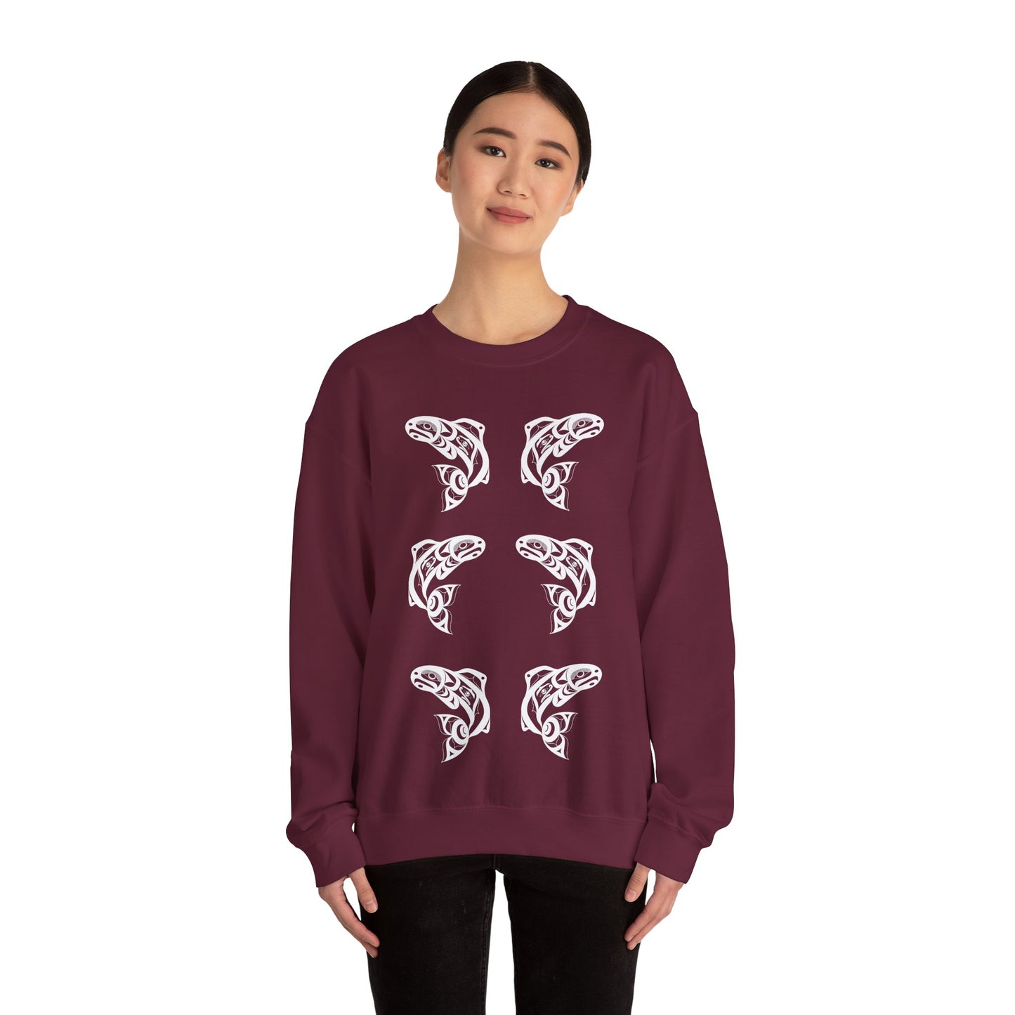 Unisex Crewneck Pullover sweatshirt with White “Salmon Run” design by Joshua Watts