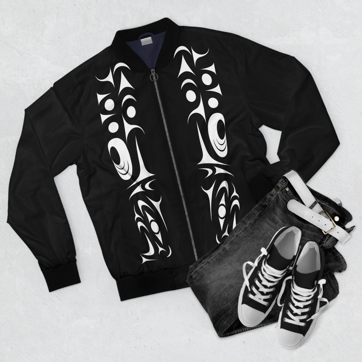 Unisex Bomber Jacket with White “Twin Thunderbird” design by Joshua Watts