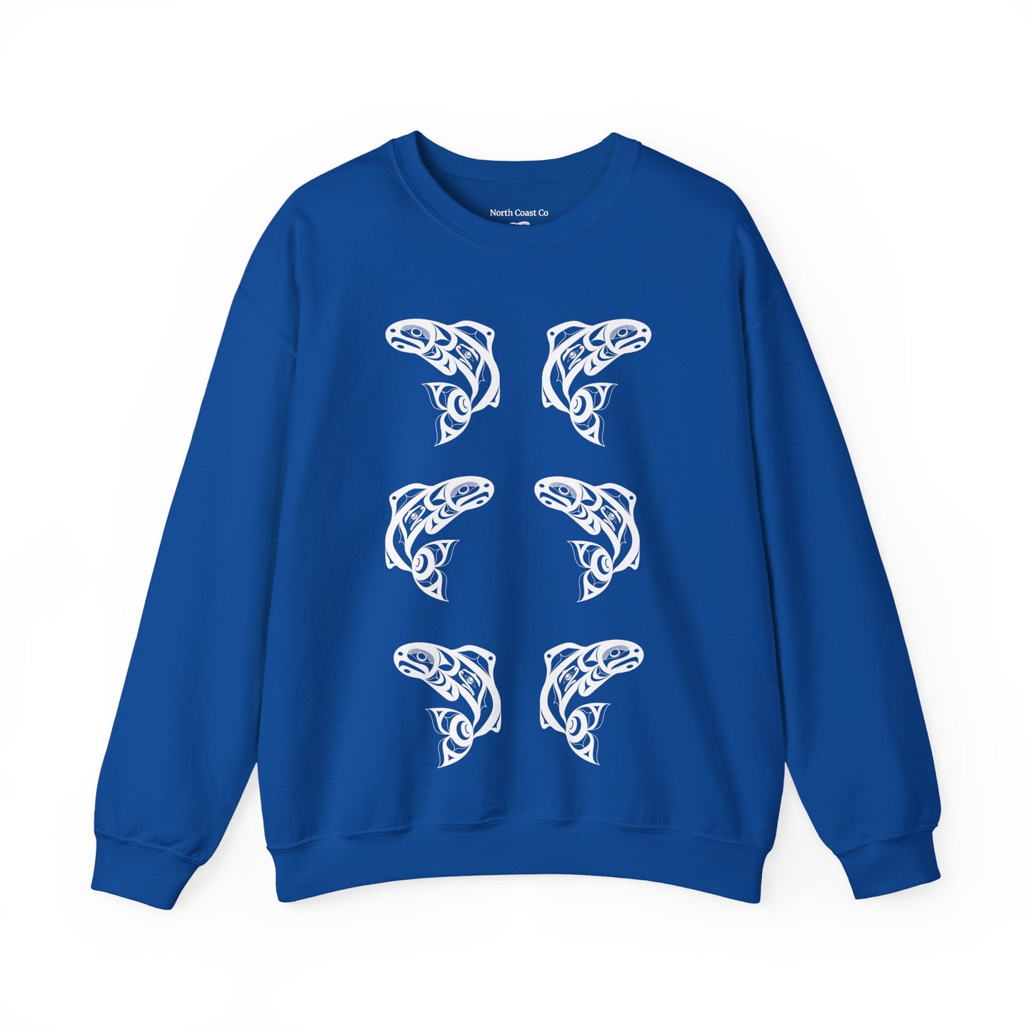 Unisex Crewneck Pullover sweatshirt with White “Salmon Run” design by Joshua Watts