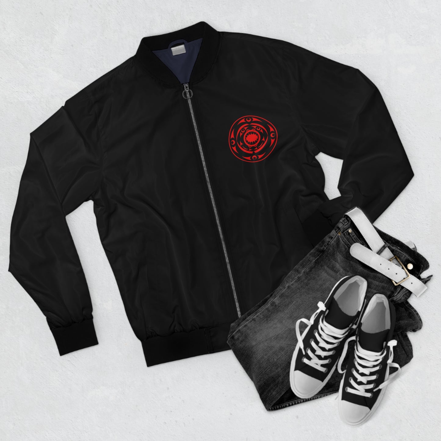 Black Unisex Bomber Jacket with Red “Life and Death” designed by Joshua Watts