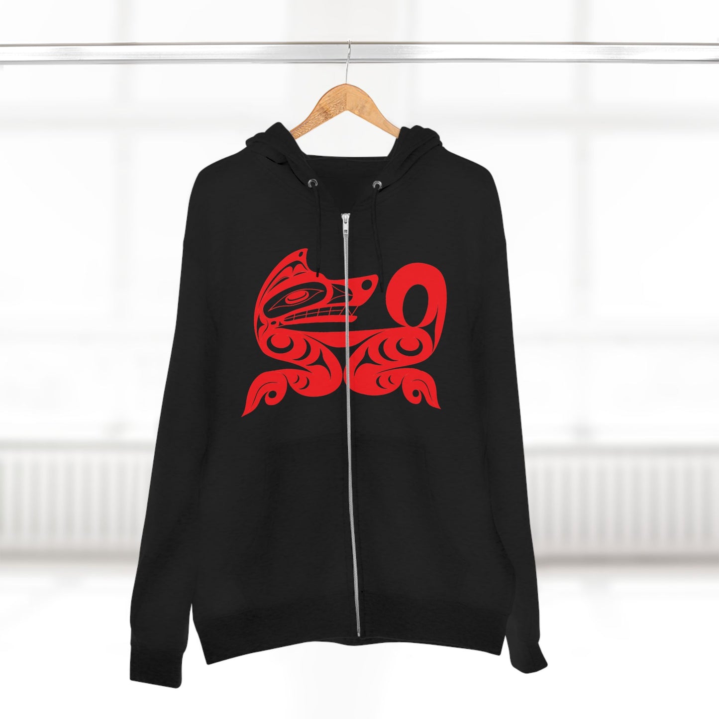 Black Unisex Zip Hoodie with “ Red Wolf” design by Joshua Watts