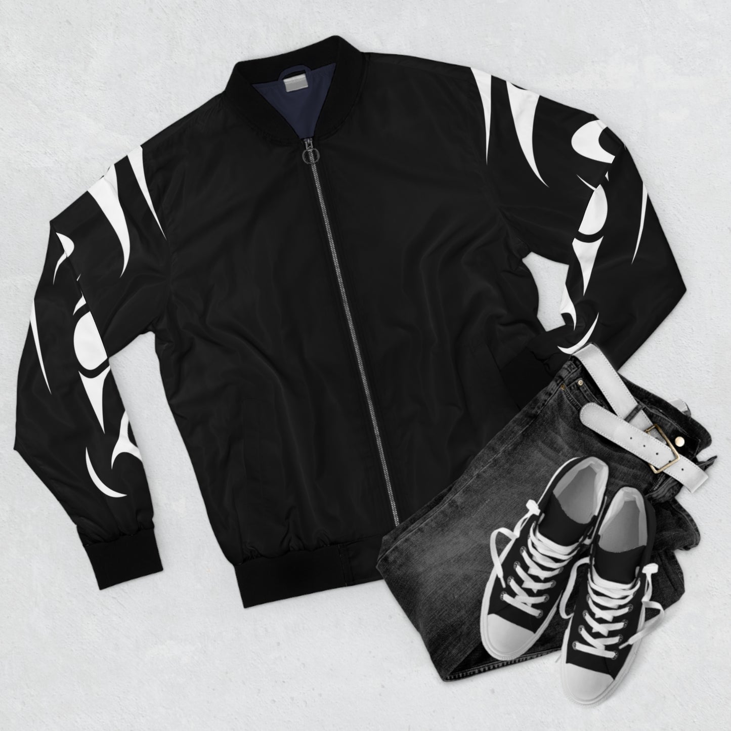 Black Unisex Bomber Jacket with White Thunderbird design by Joshua Watts